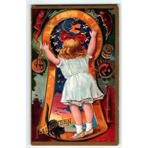 Halloween Postcard Girl At Keyhole Fantasy Witch Devil Moon Face Nash Series 3